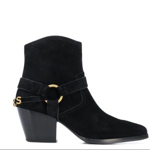 Michael Kors motorcycle strap ankle boots Goldie black suede leather